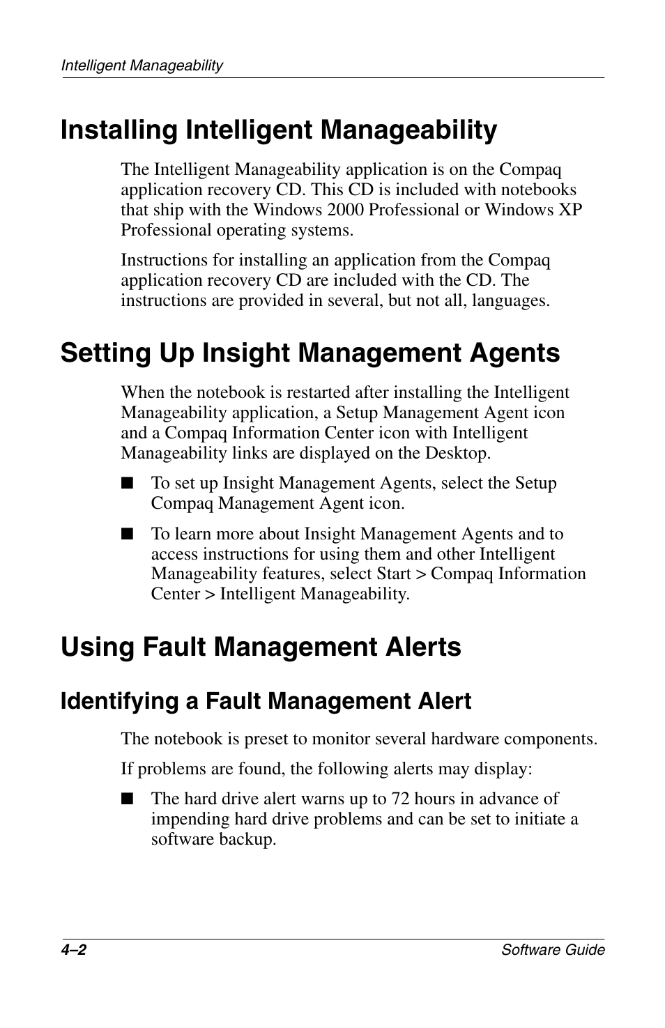 Installing intelligent manageability, Setting up insight management agents, Using fault management alerts | Identifying a fault management alert, Identifying a fault management alert –2 | Compaq 285558-001 User Manual | Page 60 / 98