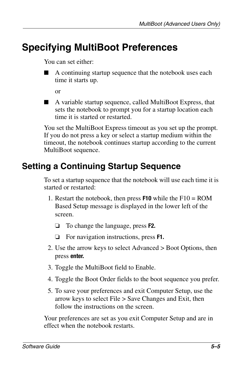 Specifying multiboot preferences, Setting a continuing startup sequence, Specifying multiboot preferences –5 | Setting a continuing startup sequence –5 | Compaq 285558-001 User Manual | Page 66 / 98