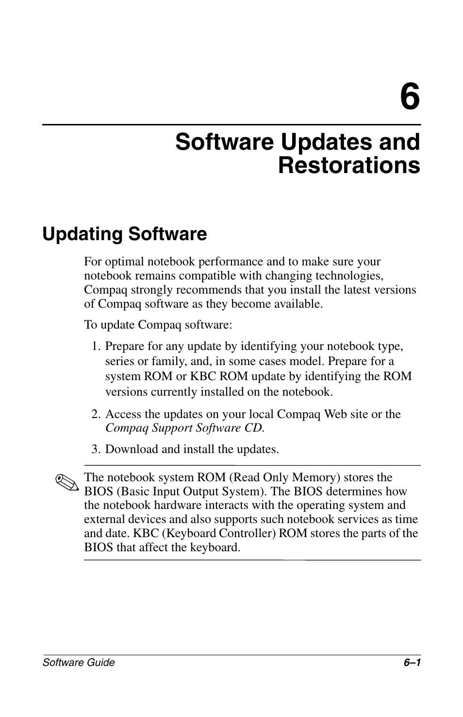 Software updates and restorations, Updating software, Updating software –1 | Compaq 285558-001 User Manual | Page 68 / 98