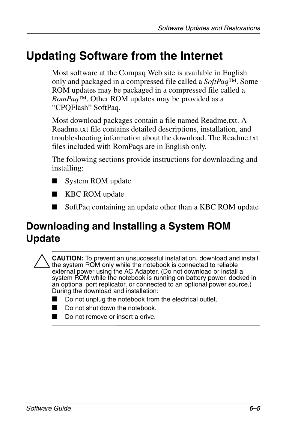 Updating software from the internet, Downloading and installing a system rom update, Updating software from the internet –5 | Downloading and installing a system rom update 6–5 | Compaq 285558-001 User Manual | Page 72 / 98
