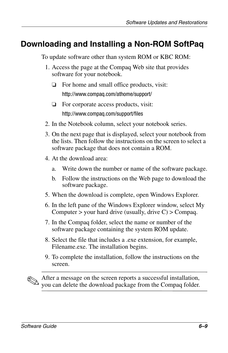 Downloading and installing a non-rom softpaq, Downloading and installing a non-rom softpaq –9 | Compaq 285558-001 User Manual | Page 76 / 98