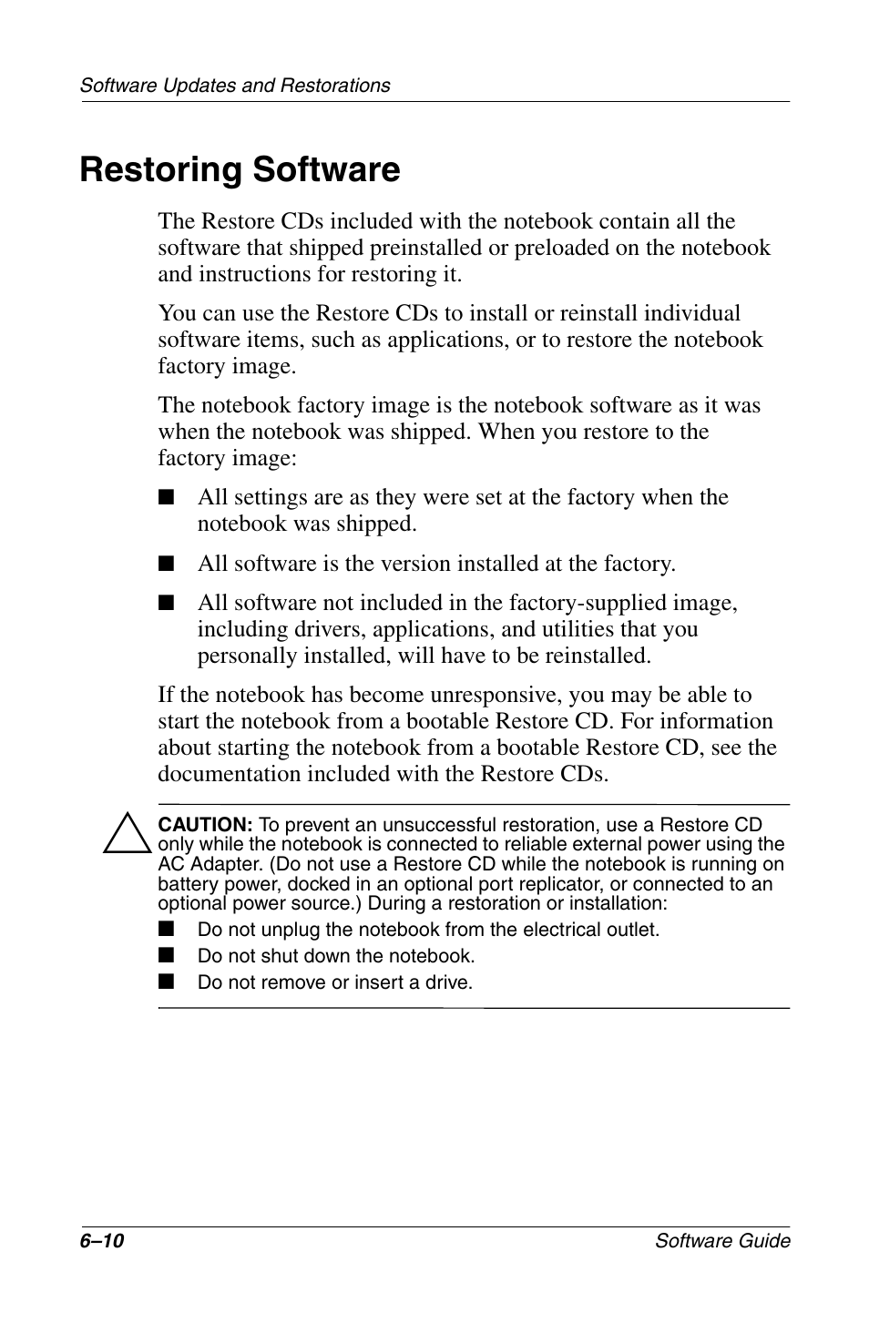 Restoring software, Restoring software –10 | Compaq 285558-001 User Manual | Page 77 / 98