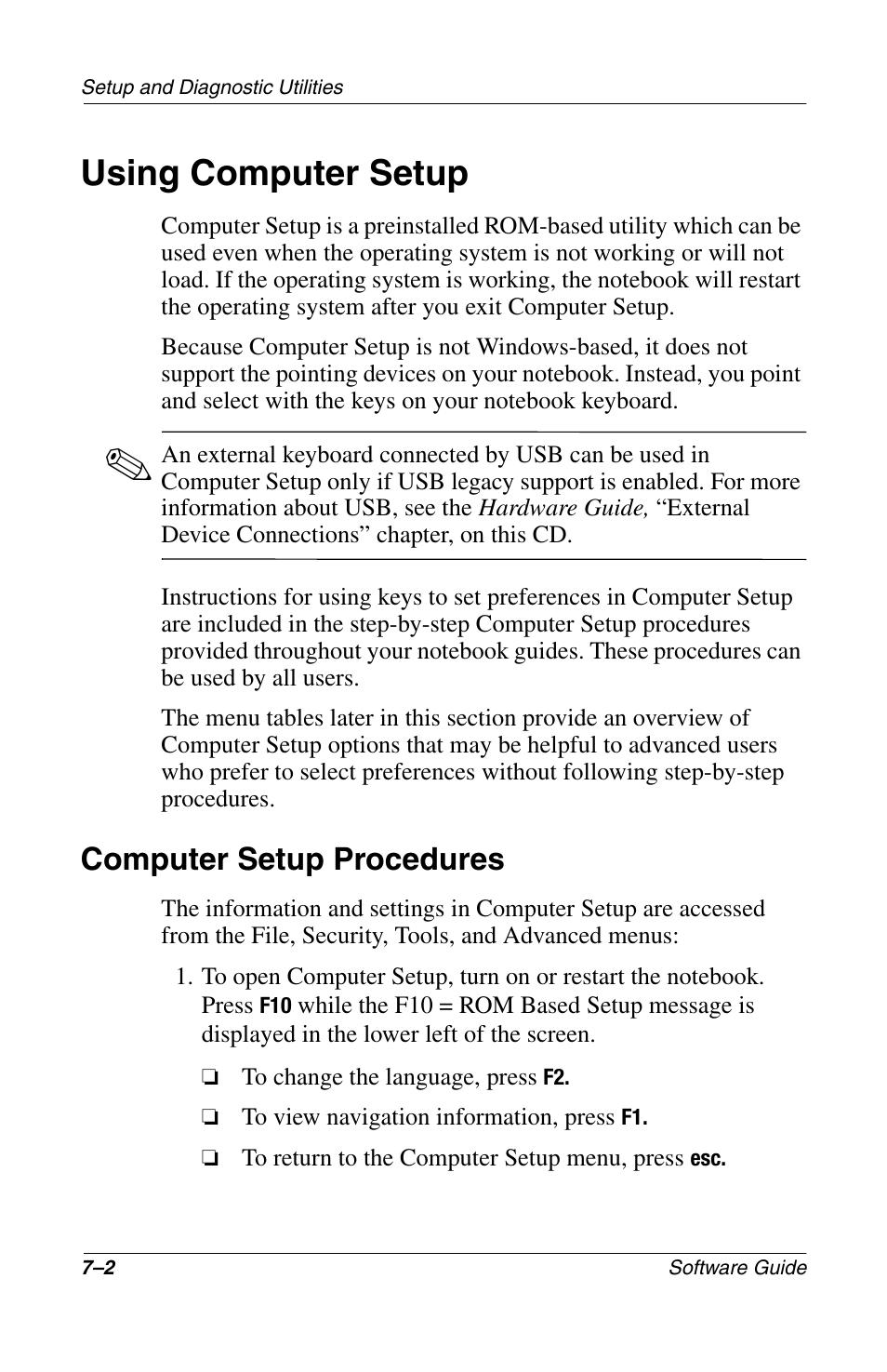 Using computer setup, Computer setup procedures, Using computer setup –2 | Computer setup procedures –2 | Compaq 285558-001 User Manual | Page 80 / 98