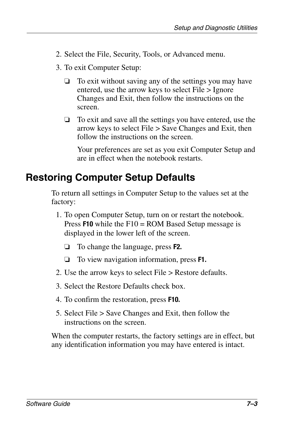 Restoring computer setup defaults, Restoring computer setup defaults –3 | Compaq 285558-001 User Manual | Page 81 / 98