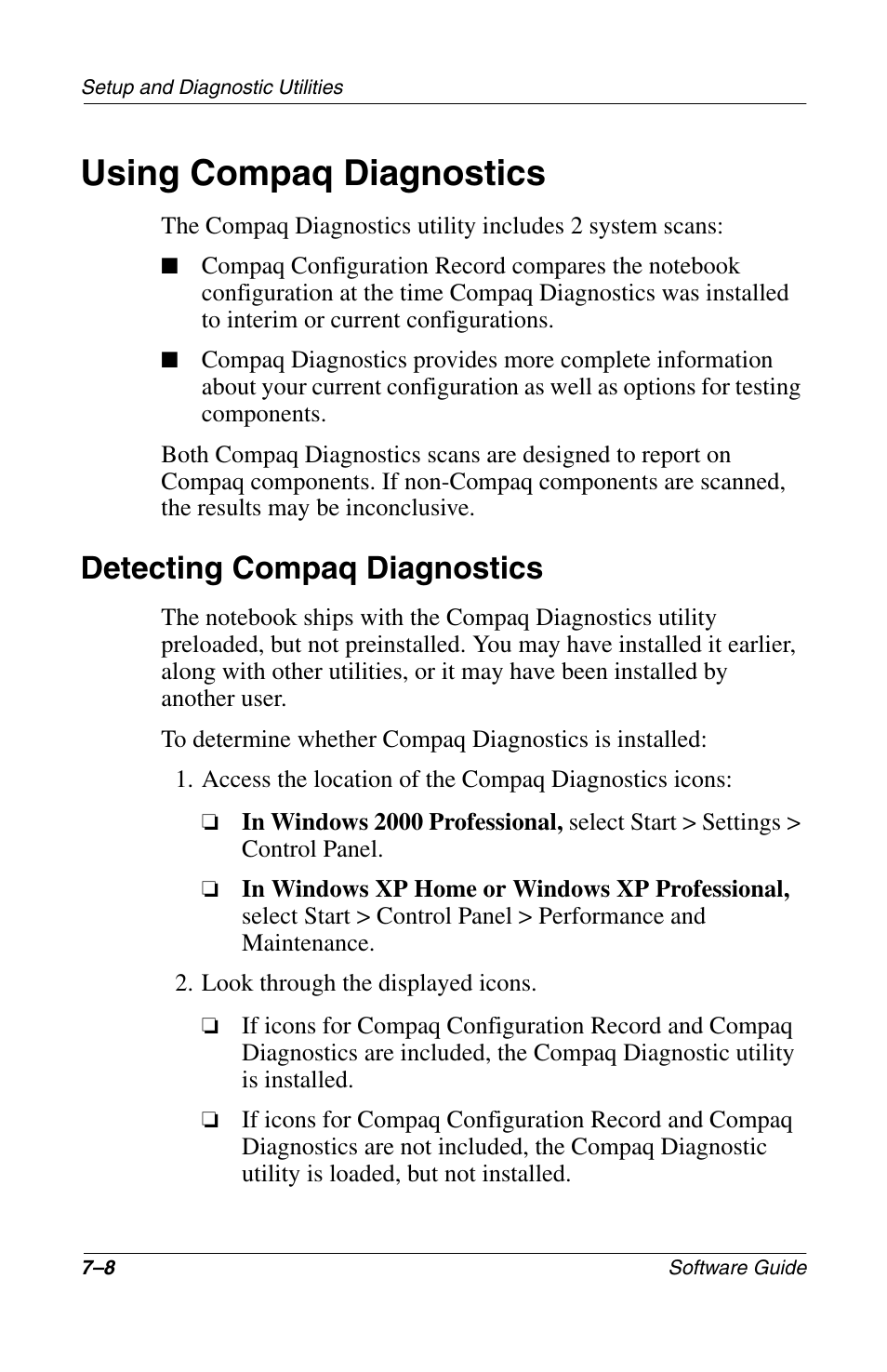 Using compaq diagnostics, Detecting compaq diagnostics, Using compaq diagnostics –8 | Detecting compaq diagnostics –8 | Compaq 285558-001 User Manual | Page 86 / 98