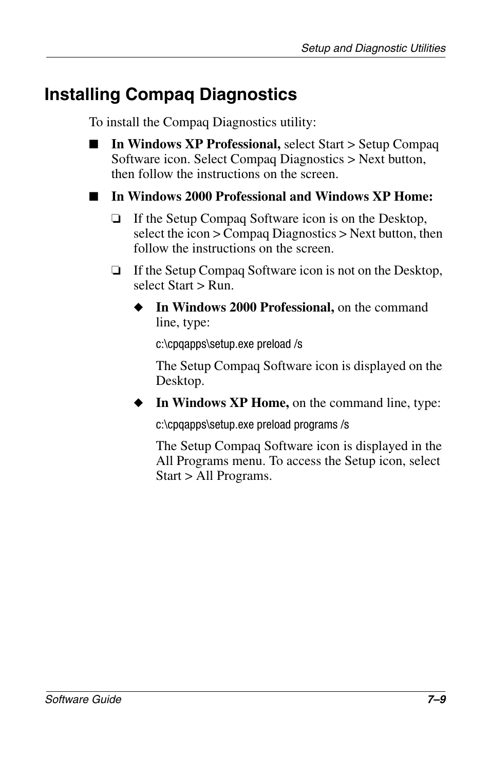 Installing compaq diagnostics, Installing compaq diagnostics –9 | Compaq 285558-001 User Manual | Page 87 / 98