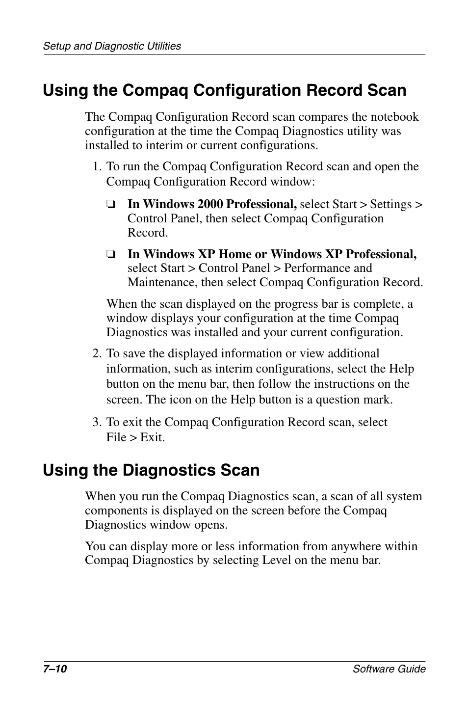 Using the compaq configuration record scan, Using the diagnostics scan | Compaq 285558-001 User Manual | Page 88 / 98