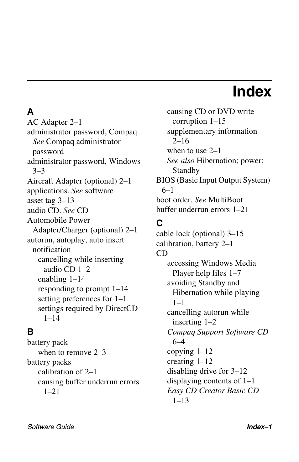 Index | Compaq 285558-001 User Manual | Page 91 / 98