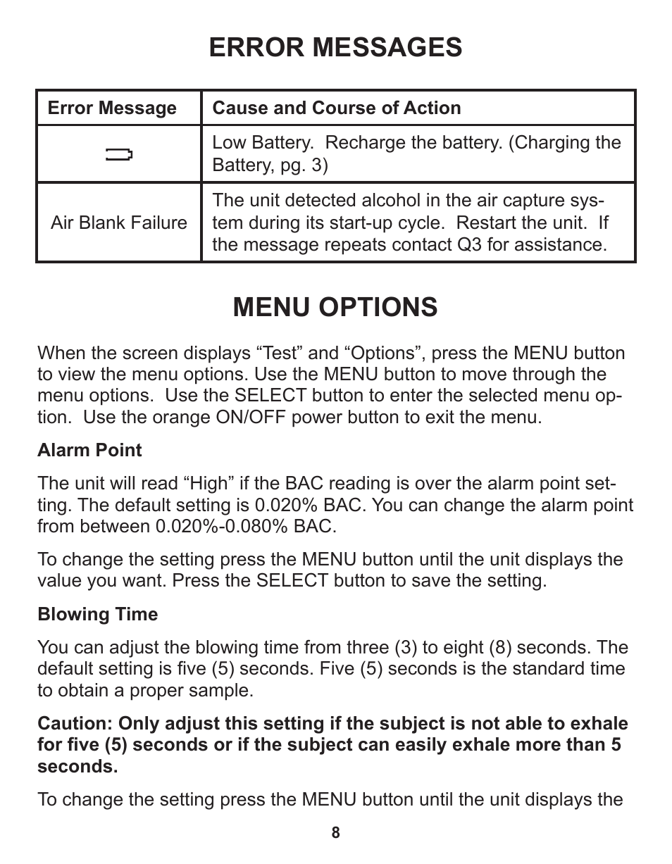 Error messages, Menu options | Q3 Innovations AlcoHAWK PT750 User Manual | Page 10 / 20