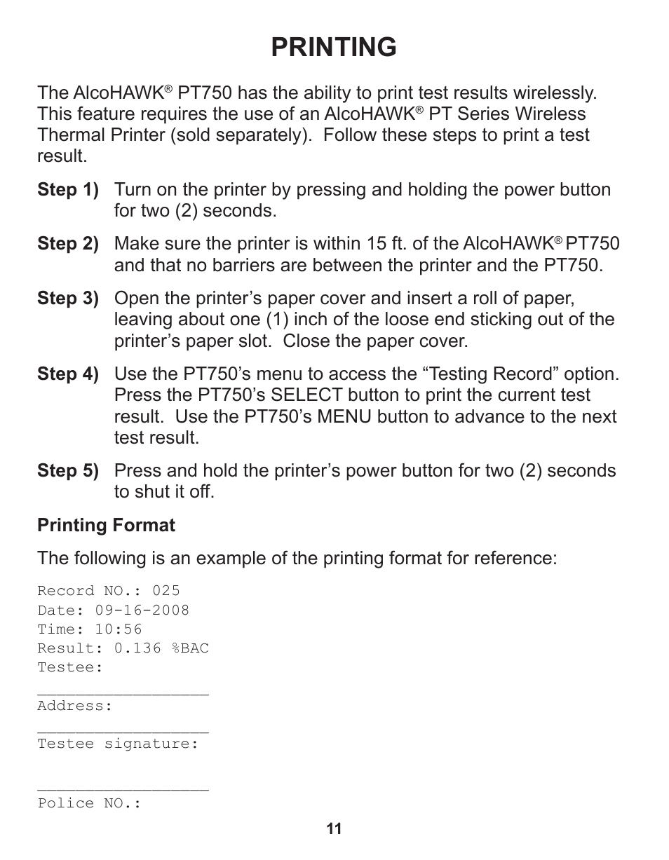 Printing | Q3 Innovations AlcoHAWK PT750 User Manual | Page 13 / 20