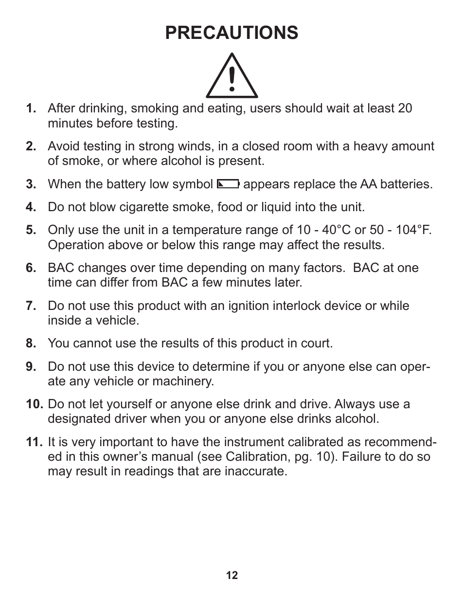 Precautions | Q3 Innovations AlcoHAWK PT750 User Manual | Page 14 / 20