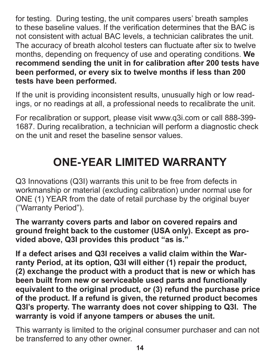 One-year limited warranty | Q3 Innovations AlcoHAWK PT750 User Manual | Page 16 / 20