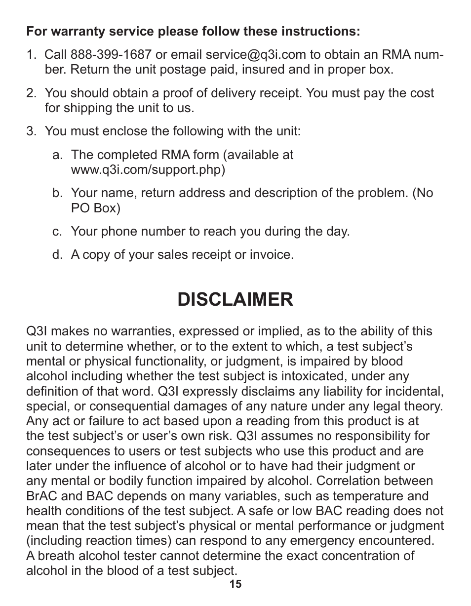 Disclaimer | Q3 Innovations AlcoHAWK PT750 User Manual | Page 17 / 20