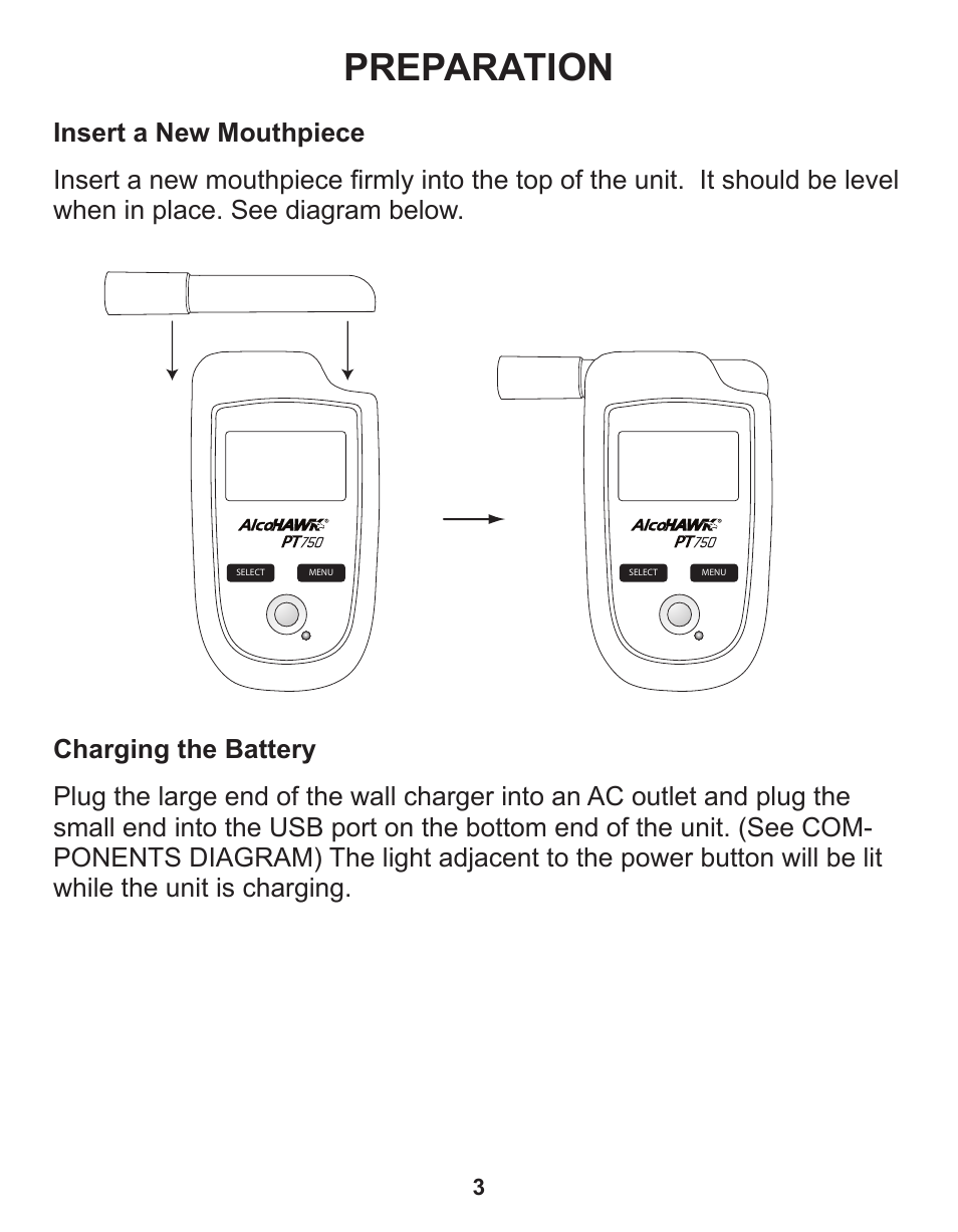 Preparation | Q3 Innovations AlcoHAWK PT750 User Manual | Page 5 / 20