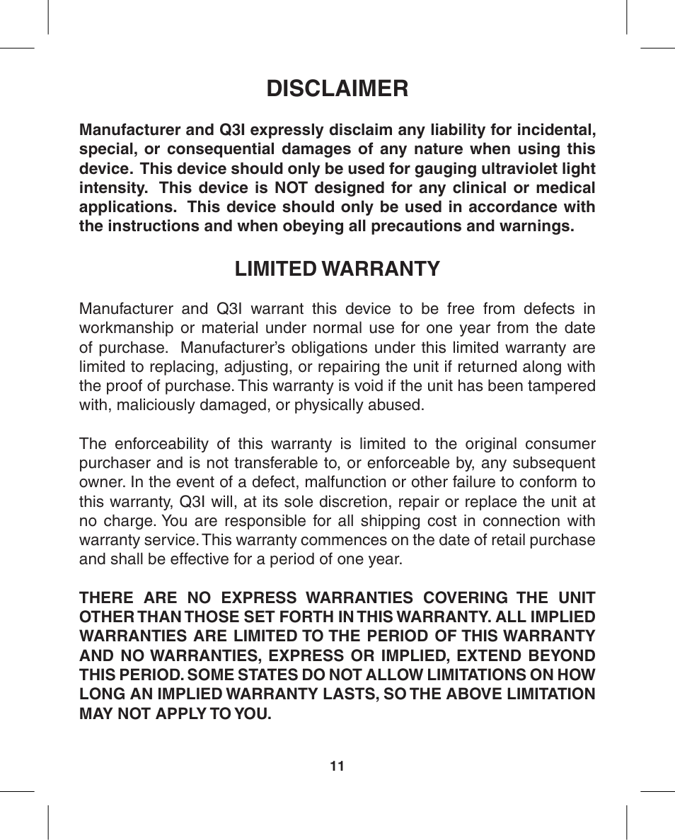 Disclaimer, Limited warranty | Q3 Innovations UV HAWK User Manual | Page 13 / 16