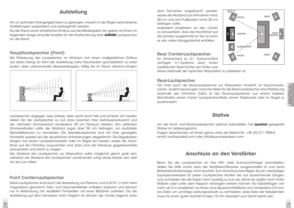 Aufstellung, Stative, Anschluss an den verstärker | Hauptlautsprecher (front), Front center-lautsprecher, Rear center-lautsprecher, Rear-lautsprecher | Quadral AURUM VIII User Manual | Page 10 / 29