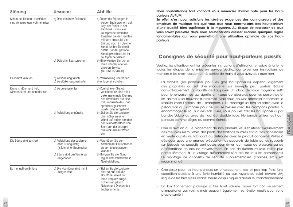 Consignes de sécurité pour haut-parleurs passifs | Quadral AURUM VIII User Manual | Page 15 / 29