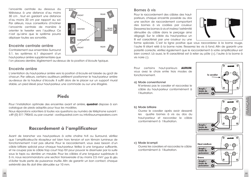 Pieds, Raccordement à l’amplificateur, Enceinte centrale arrière | Enceinte arrière, Bornes à vis | Quadral AURUM VIII User Manual | Page 17 / 29