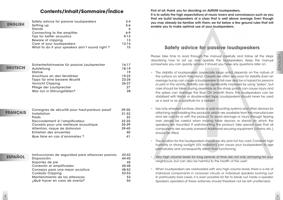 Contents/inhalt/sommaire/índice, Safety advice for passive loudspeakers | Quadral AURUM VIII User Manual | Page 2 / 29