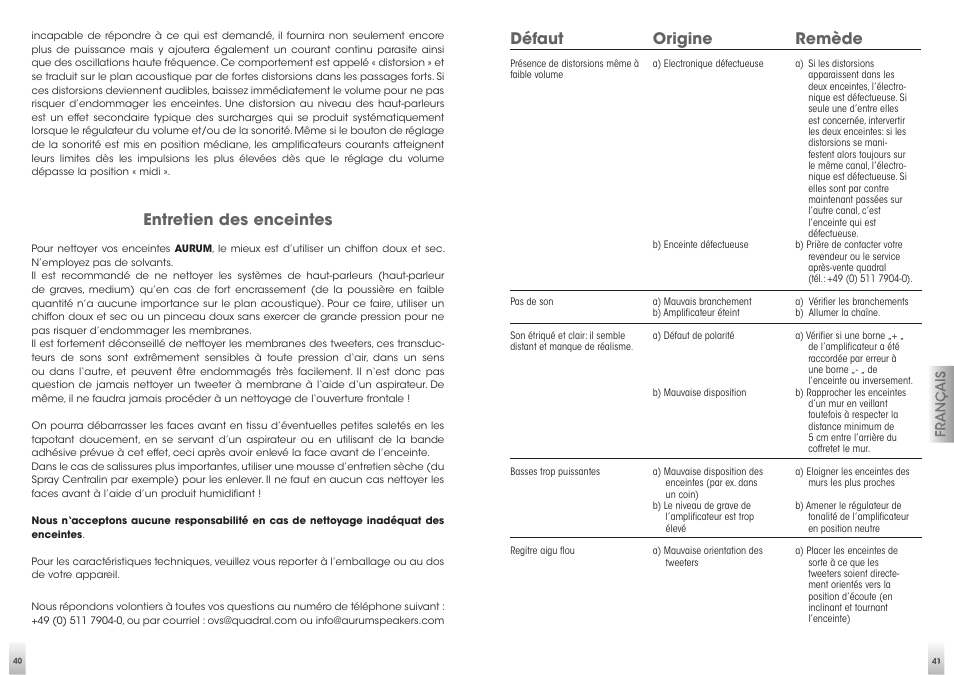 Entretien des enceintes, Défaut, Origine | Remède | Quadral AURUM VIII User Manual | Page 21 / 29