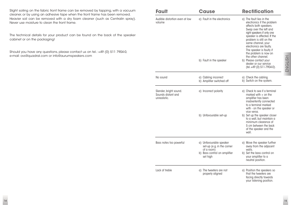 Fault, Cause, Rectification | Quadral AURUM VIII User Manual | Page 8 / 29