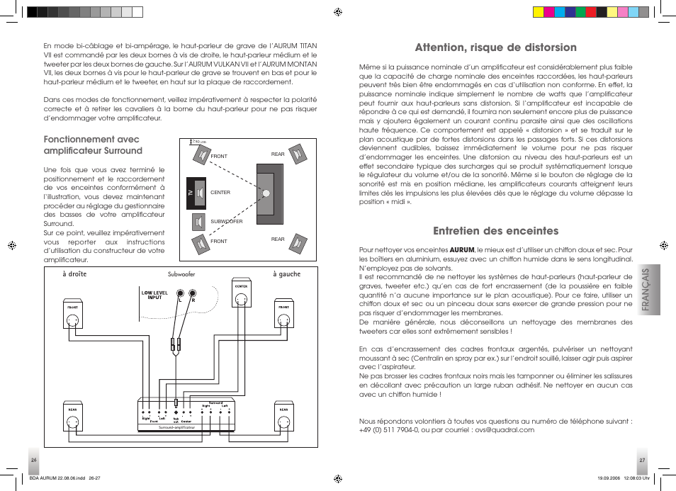 Attention, risque de distorsion, Entretien des enceintes, Fonctionnement avec amplificateur surround | Quadral AURUM VII User Manual | Page 14 / 21