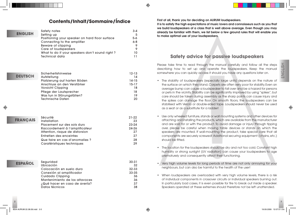 Contents/inhalt/sommaire/índice, Safety advice for passive loudspeakers | Quadral AURUM VII User Manual | Page 2 / 21