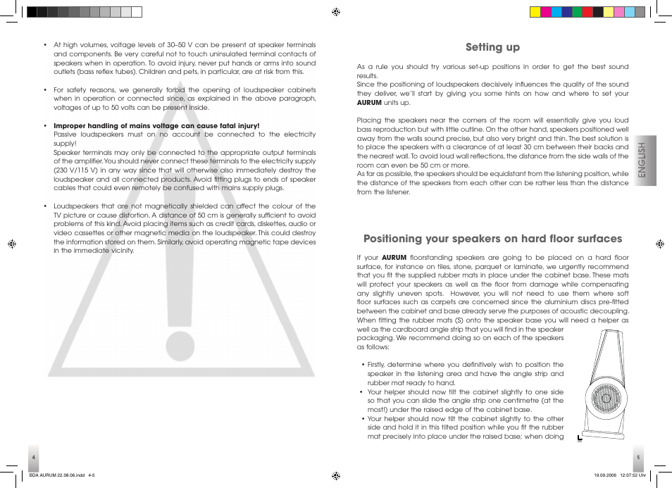 Setting up, Positioning your speakers on hard floor surfaces | Quadral AURUM VII User Manual | Page 3 / 21