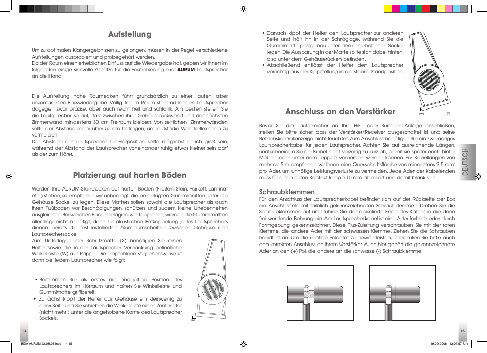 Aufstellung, Platzierung auf harten böden, Anschluss an den verstärker | Quadral AURUM VII User Manual | Page 8 / 21