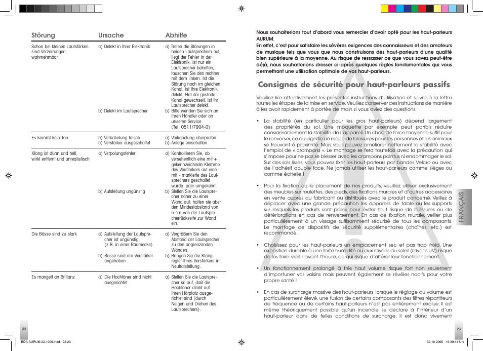 Consignes de sécurité pour haut-parleurs passifs | Quadral AURUM 170 User Manual | Page 12 / 23