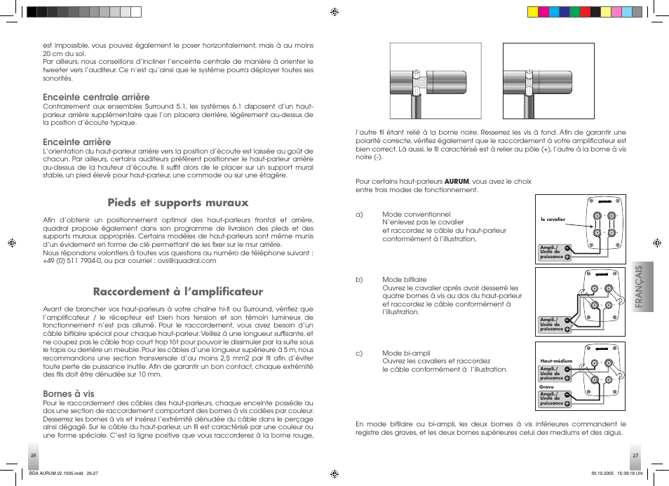 Pieds et supports muraux, Raccordement à l’amplificateur, Enceinte centrale arrière | Enceinte arrière, Bornes à vis | Quadral AURUM 170 User Manual | Page 14 / 23