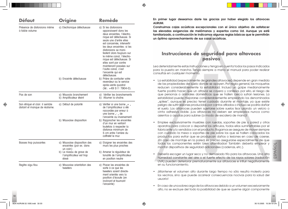 Défaut, Origine, Remède | Instrucciones de seguridad para altavoces pasivos | Quadral AURUM 170 User Manual | Page 17 / 23