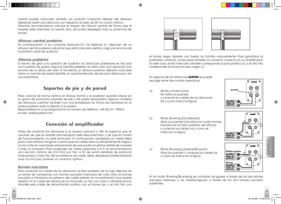 Soportes de pie y de pared, Conexión al amplificador, Altavoz central posterior | Altavoz posterior, Bornes roscados | Quadral AURUM 170 User Manual | Page 19 / 23