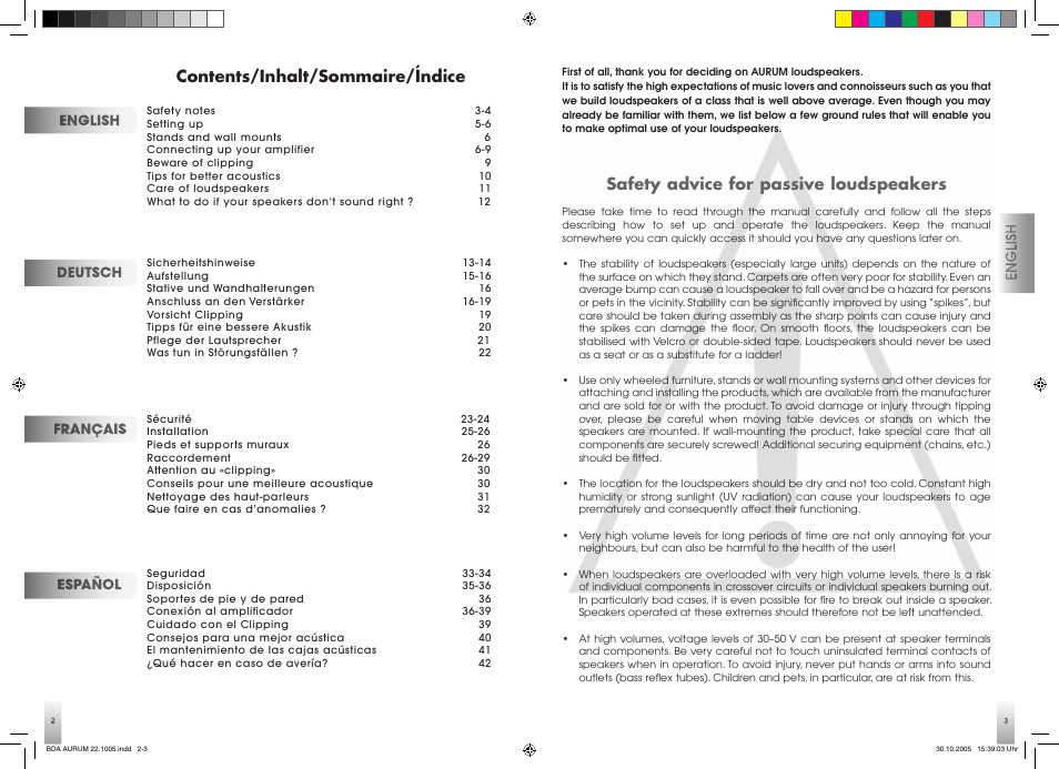 Contents/inhalt/sommaire/índice, Safety advice for passive loudspeakers | Quadral AURUM 170 User Manual | Page 2 / 23