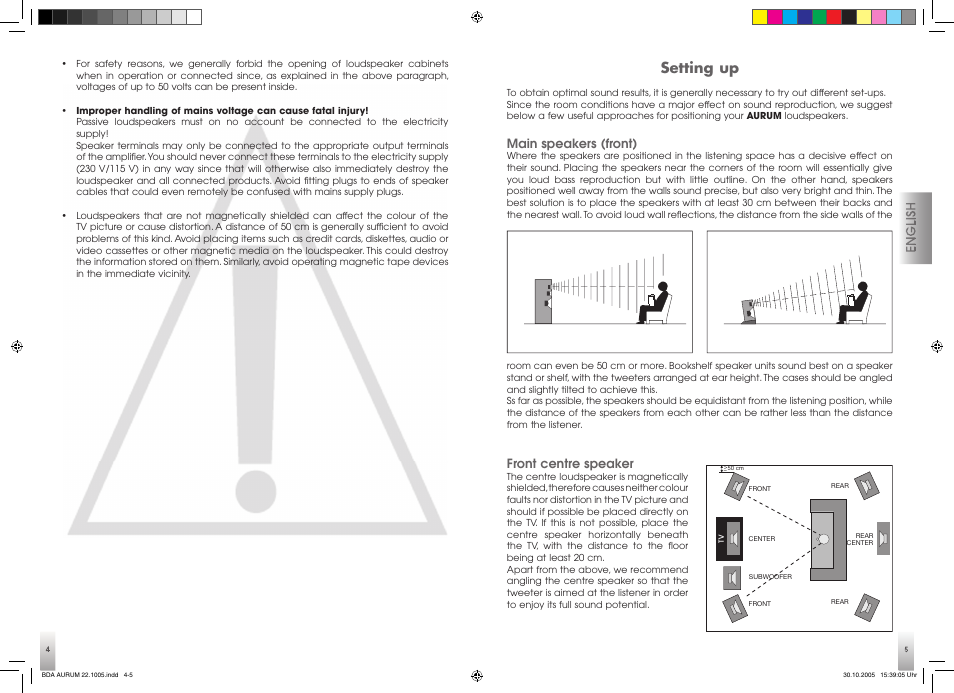 Setting up, Main speakers (front), Front centre speaker | Quadral AURUM 170 User Manual | Page 3 / 23