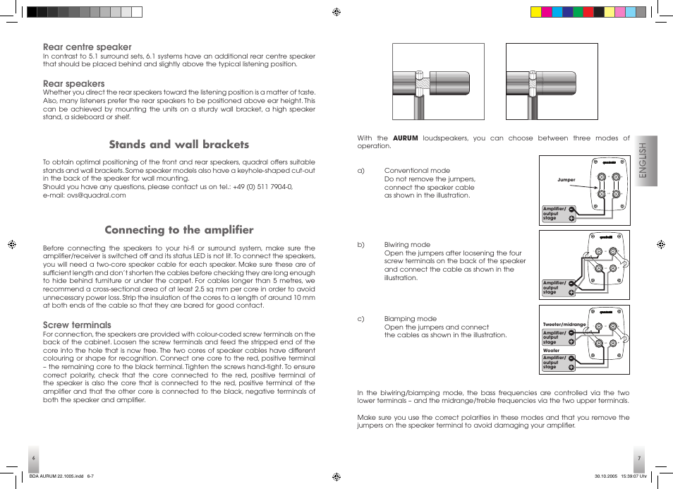 Stands and wall brackets, Connecting to the amplifier, Rear centre speaker | Rear speakers, Screw terminals | Quadral AURUM 170 User Manual | Page 4 / 23