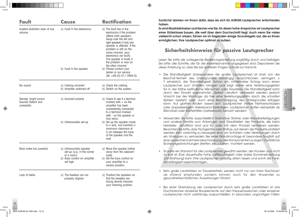 Fault, Cause, Rectification | Sicherheitshinweise für passive lautsprecher | Quadral AURUM 170 User Manual | Page 7 / 23