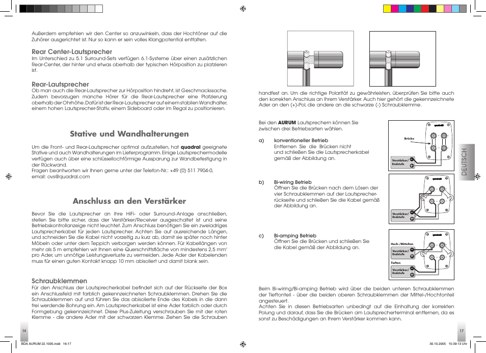 Stative und wandhalterungen, Anschluss an den verstärker, Rear center-lautsprecher | Rear-lautsprecher, Schraubklemmen | Quadral AURUM 170 User Manual | Page 9 / 23