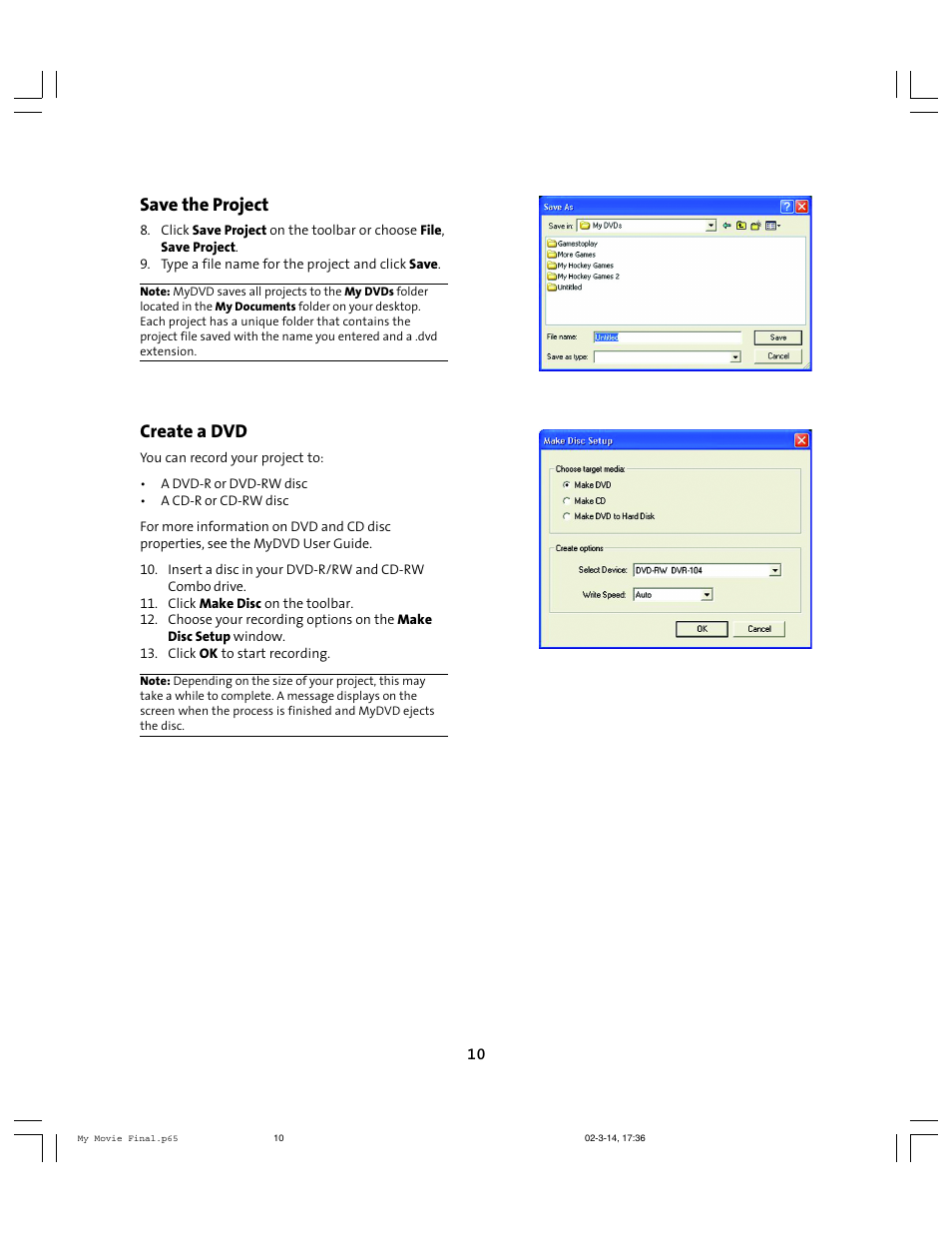 Save the project, Create a dvd | Compaq 6010AP User Manual | Page 10 / 16