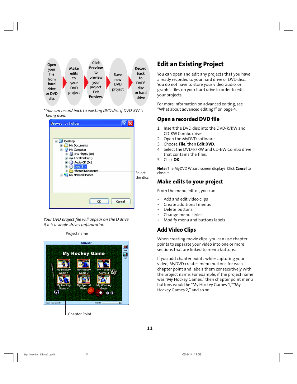 Edit an existing project, Open a recorded dvd file, Make edits to your project | Add video clips | Compaq 6010AP User Manual | Page 11 / 16