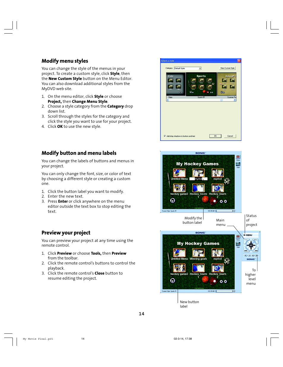 Modify menu styles, Modify button and menu labels, Preview your project | Compaq 6010AP User Manual | Page 14 / 16