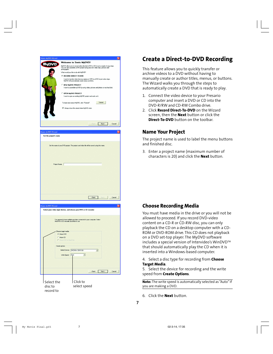Create a direct-to-dvd recording, Name your project, Choose recording media | Compaq 6010AP User Manual | Page 7 / 16