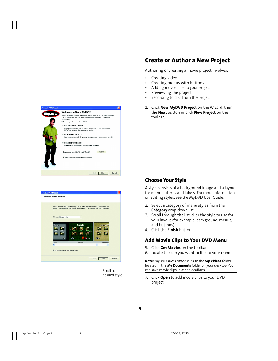 Create or author a new project, Choose your style, Add movie clips to your dvd menu | Compaq 6010AP User Manual | Page 9 / 16