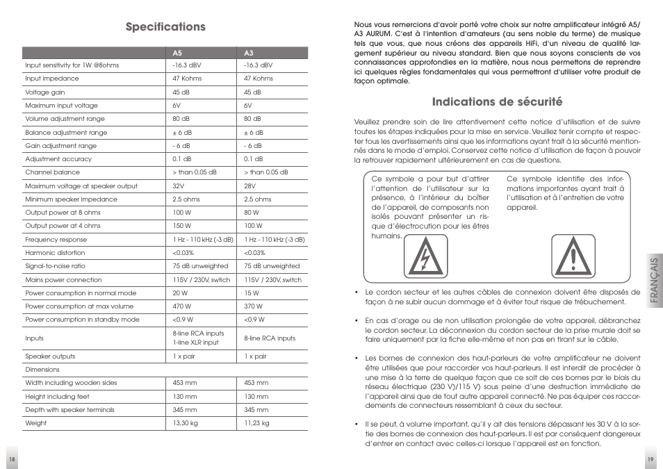 Indications de sécurité, Specifications, Français | Quadral AURUM A5 User Manual | Page 10 / 19