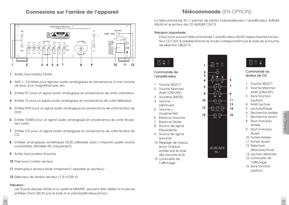 Télécommande (en option), Connexions sur l‘arrière de l‘appareil, Français | Quadral AURUM A5 User Manual | Page 12 / 19