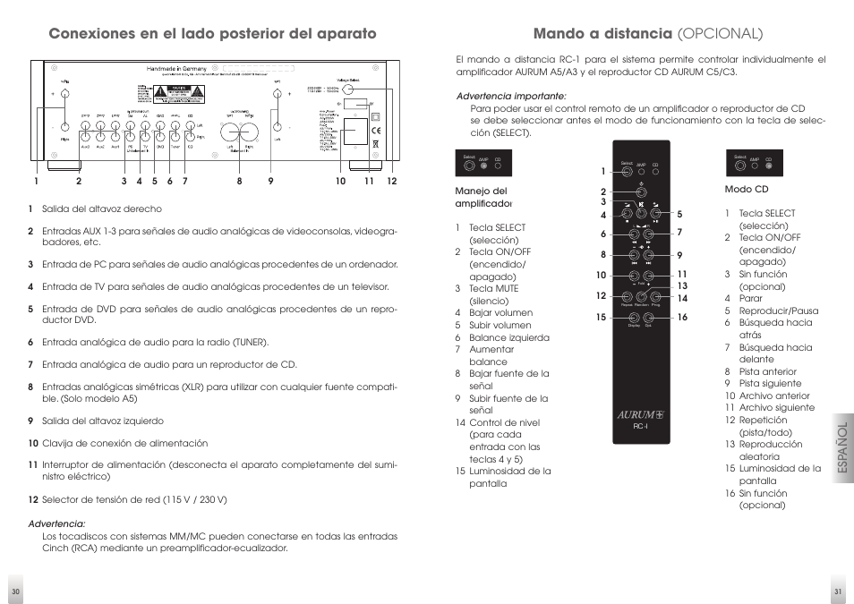 Conexiones en el lado posterior del aparato, Mando a distancia (opcional), Esp añol | Quadral AURUM A5 User Manual | Page 16 / 19