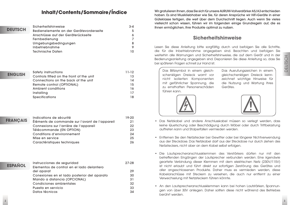 Inhalt/contents/sommaire/índice, Sicherheitshinweise | Quadral AURUM A5 User Manual | Page 2 / 19