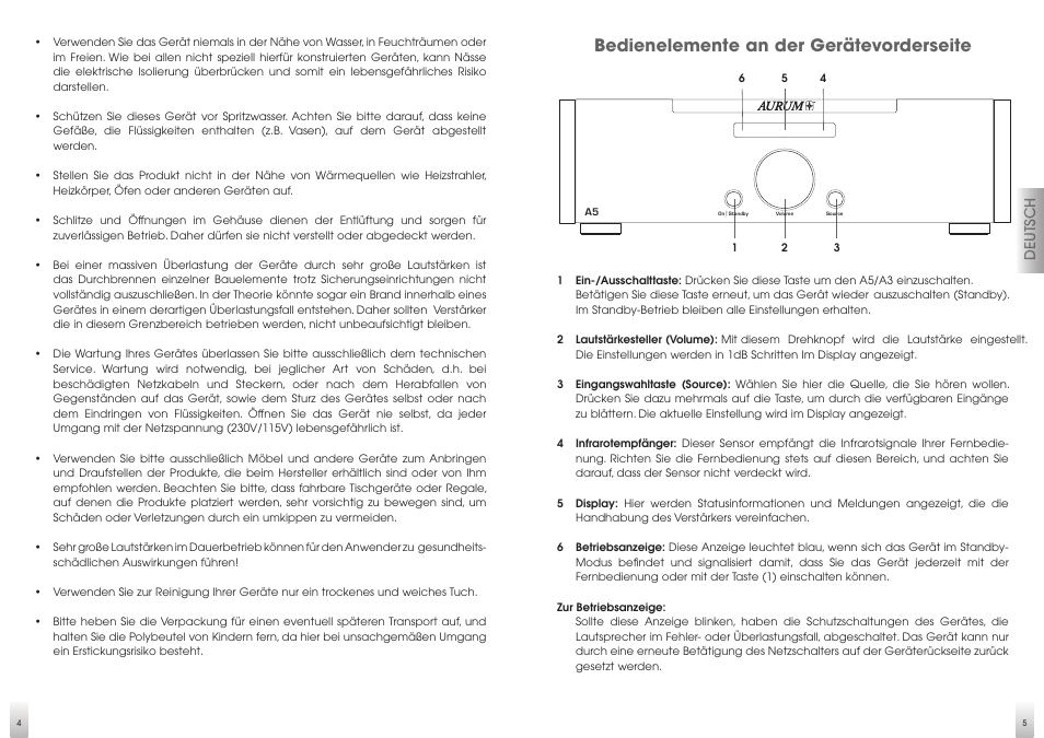 Bedienelemente an der gerätevorderseite, Deutsch | Quadral AURUM A5 User Manual | Page 3 / 19