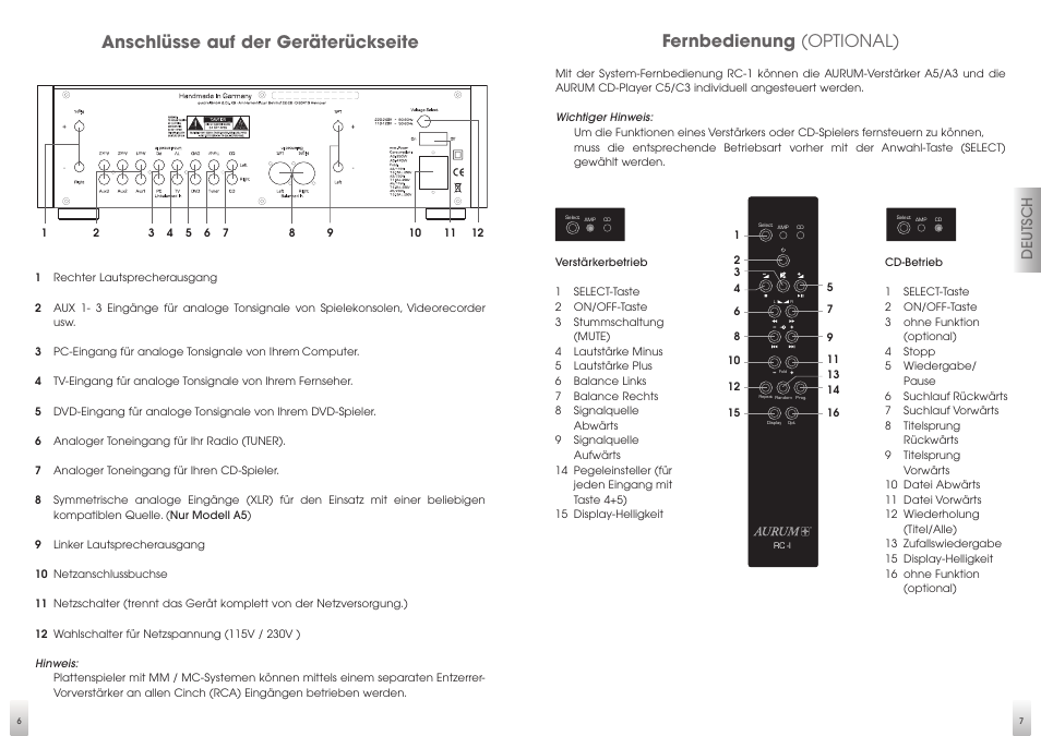 Anschlüsse auf der geräterückseite, Fernbedienung (optional), Deutsch | Quadral AURUM A5 User Manual | Page 4 / 19