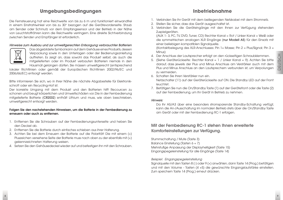 Umgebungsbedingungen, Inbetriebnahme | Quadral AURUM A5 User Manual | Page 5 / 19